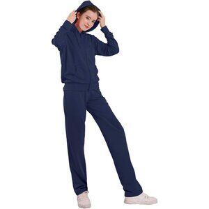 Chic Navy Women's Sweatsuit with Full-Zip Hoodie & Adjustable Sweatpants, Size S